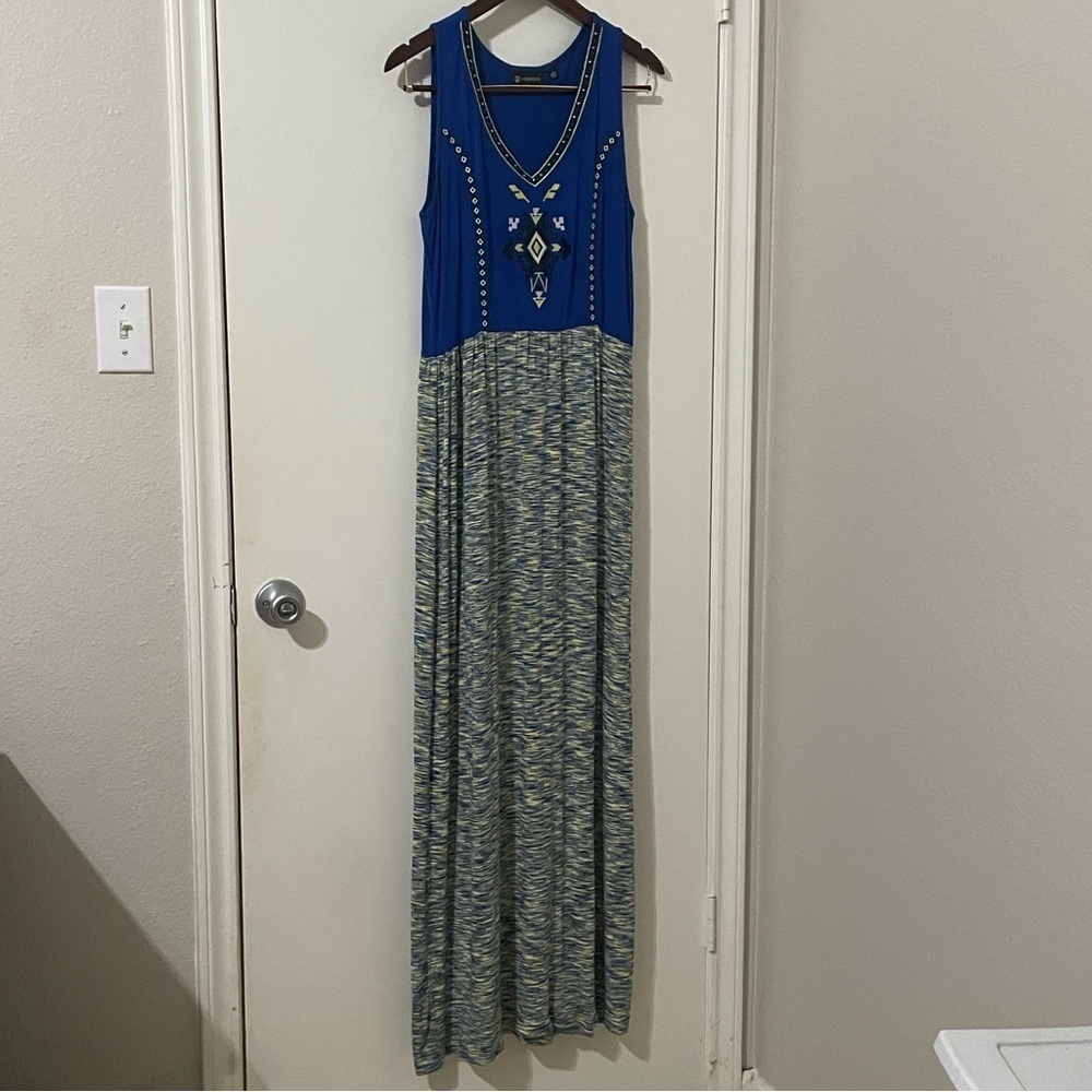 Versona Royal Blue and Green Patterned Maxi Dress Size L